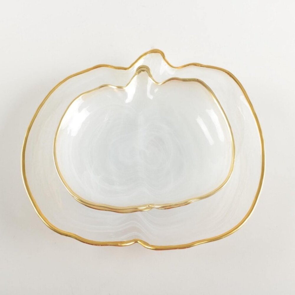 Vietri Alabaster Glass White Gold Edge Pumpkin Salad Plate